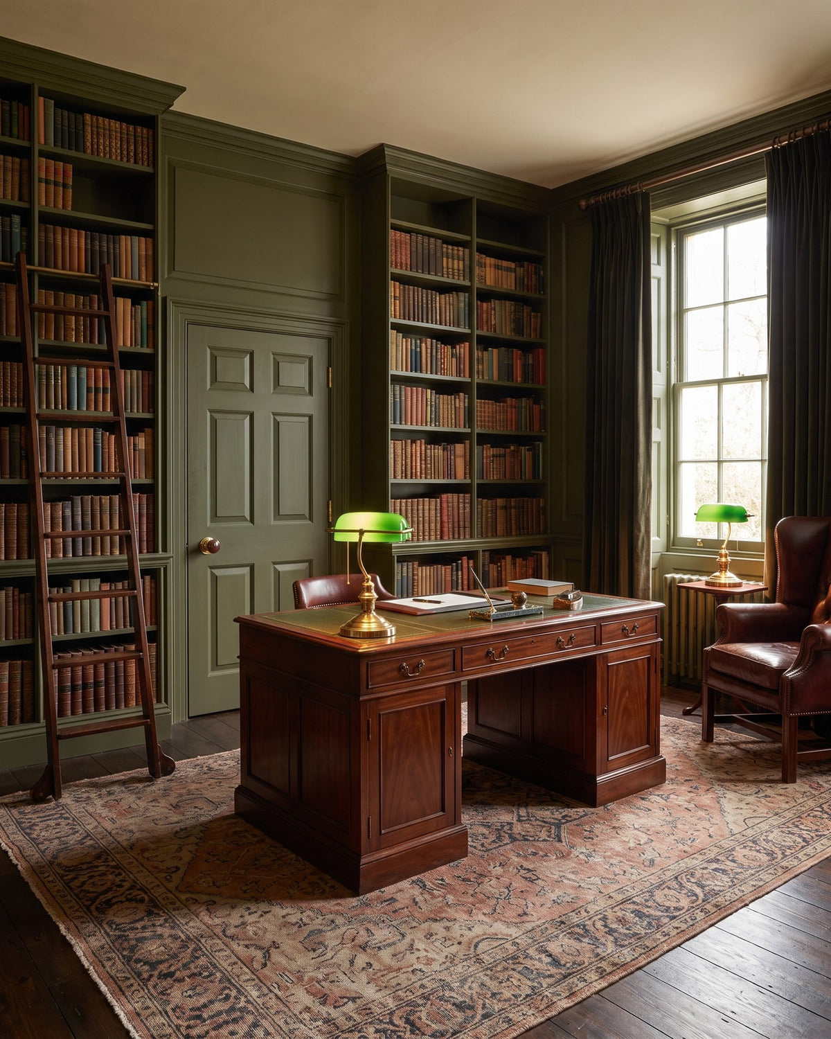 Olive panelled study with floor-to-ceiling bookshelves, a library ladder, a mahogany partners desk with banker's lamps and a leather wing chair
