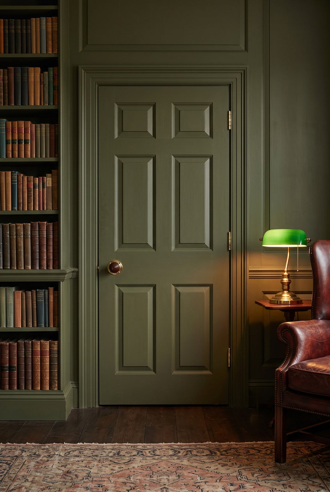 Olive green panelled study door between floor-to-ceiling bookshelves and a leather wing chair with a green banker's lamp, fitted with a rosewood and polished brass reeded knob and polished brass hinges