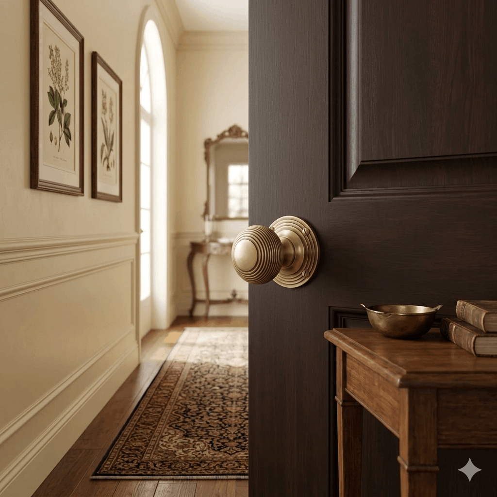 Antique brass reeded knob on the edge of a half-open dark wood door, looking into a cream panelled hallway with botanical prints and a long patterned runner