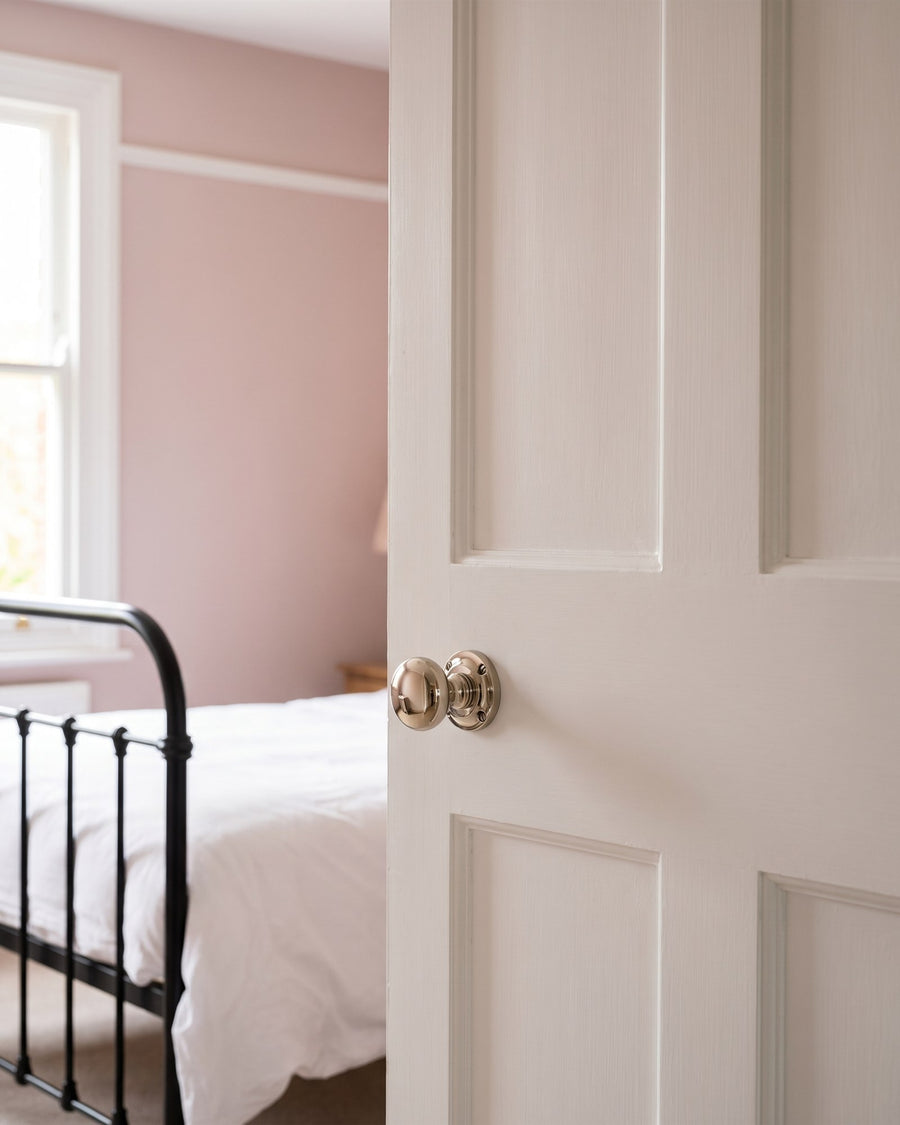 Plain polished nickel mushroom knob on a white bedroom door, blush pink bedroom with an iron bedstead beyond