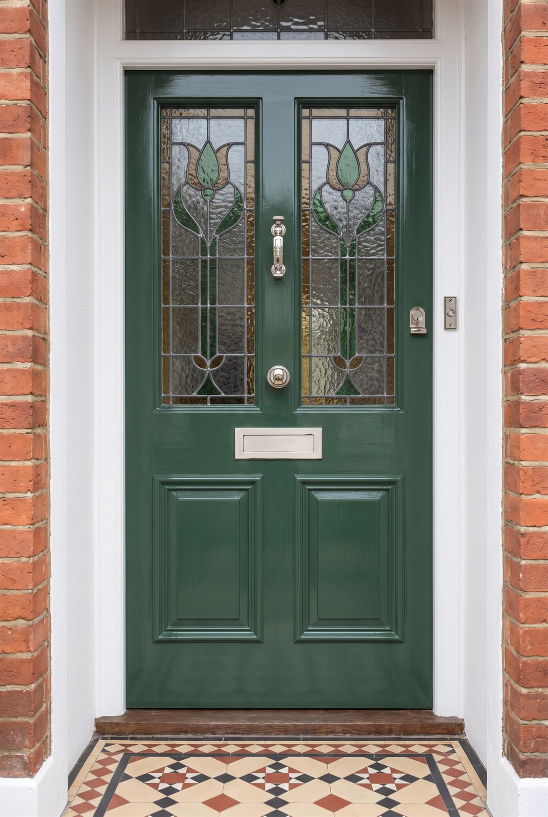 Gloss deep green Edwardian half-glazed front door with leaded glass and a polished nickel doctor knocker, centre knob, letter plate, cylinder pull and bell push