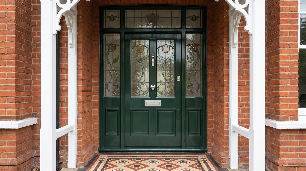 Edwardian villa porch with a gloss deep green half-glazed front door, Art Nouveau leaded glass and a polished nickel doctor knocker, centre knob and letter plate