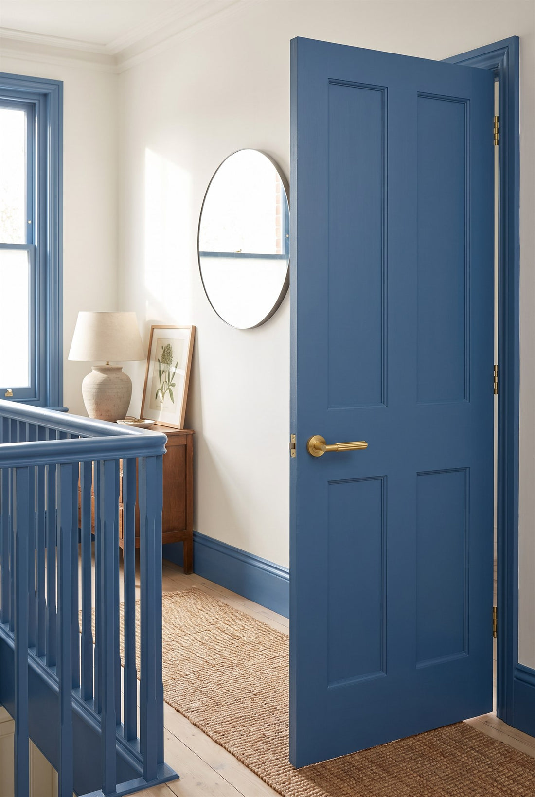 Edwardian landing with mid-blue doors, skirting, architraves and spindles, warm white walls and a satin brass Bloom lever and hinges