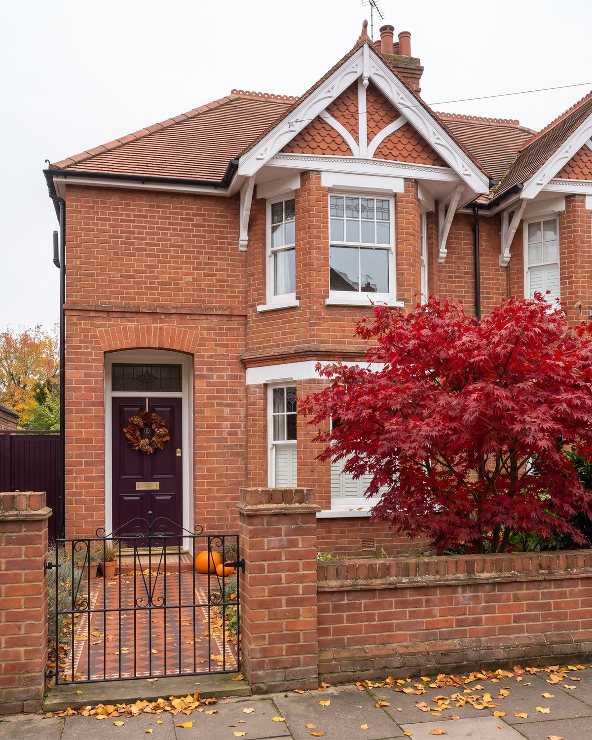 Edwardian red-brick semi-detached house with a white gable, bay window and aubergine front door, a red Japanese maple and fallen leaves on the tiled path
