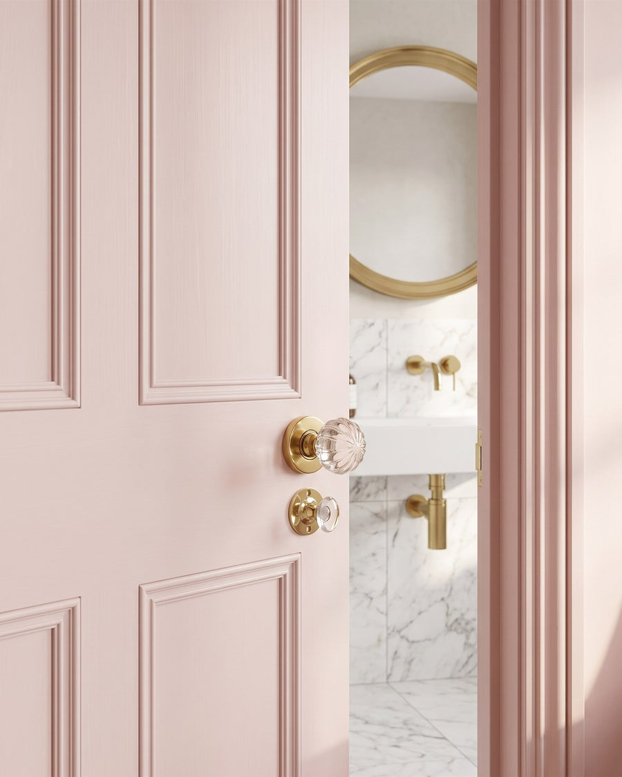 Pink en suite door with a glass knob and glass turn and release on polished brass roses, opening onto white marble and a brass tap