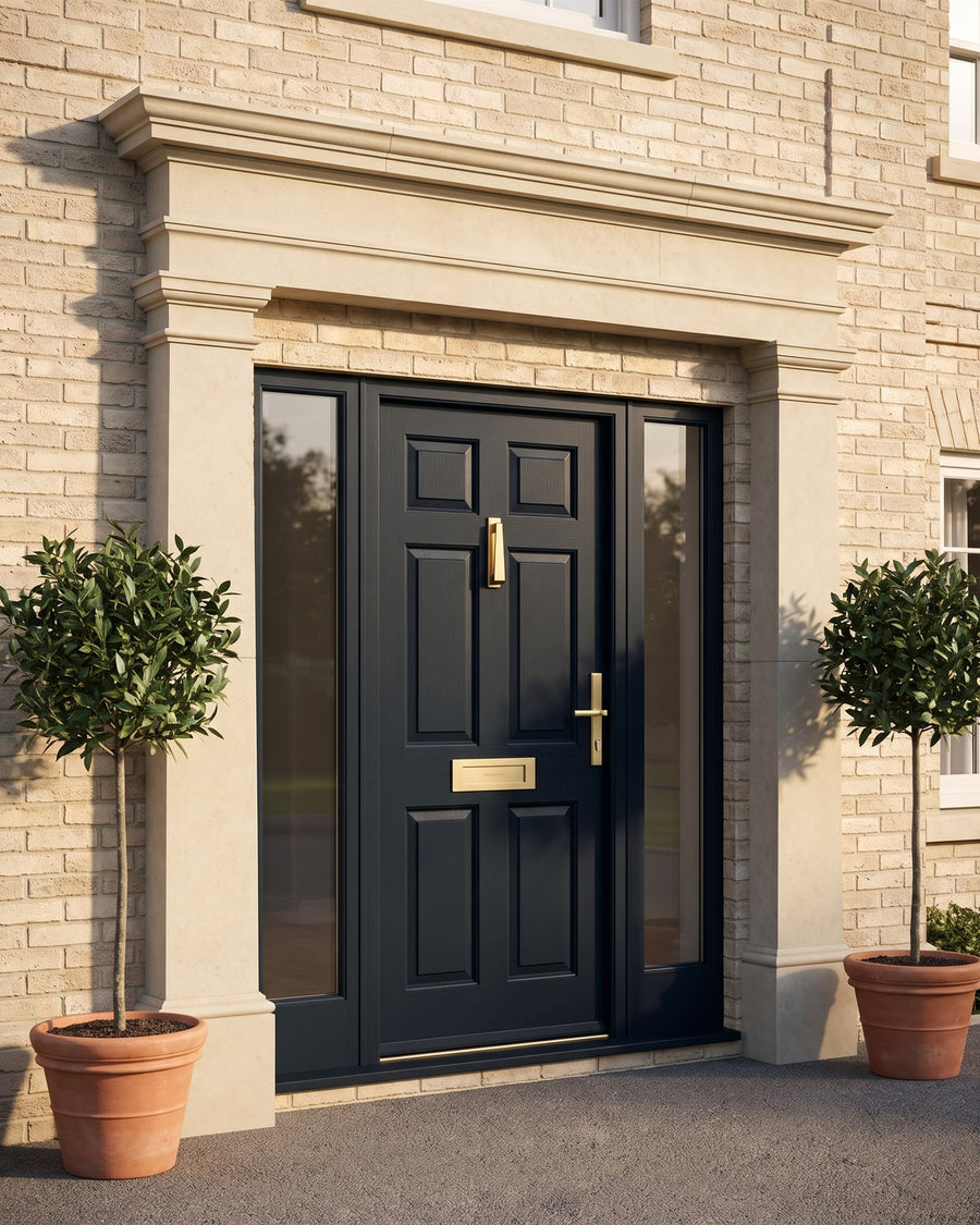 New-build executive home with a stone portico and blue-black front door with satin brass knocker, letter plate and multipoint handle, bay trees either side