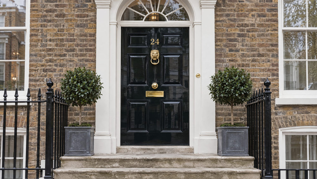 Georgian townhouse with a gloss black six-panel front door, fanlight and polished brass lion knocker, centre door knob and letter plate