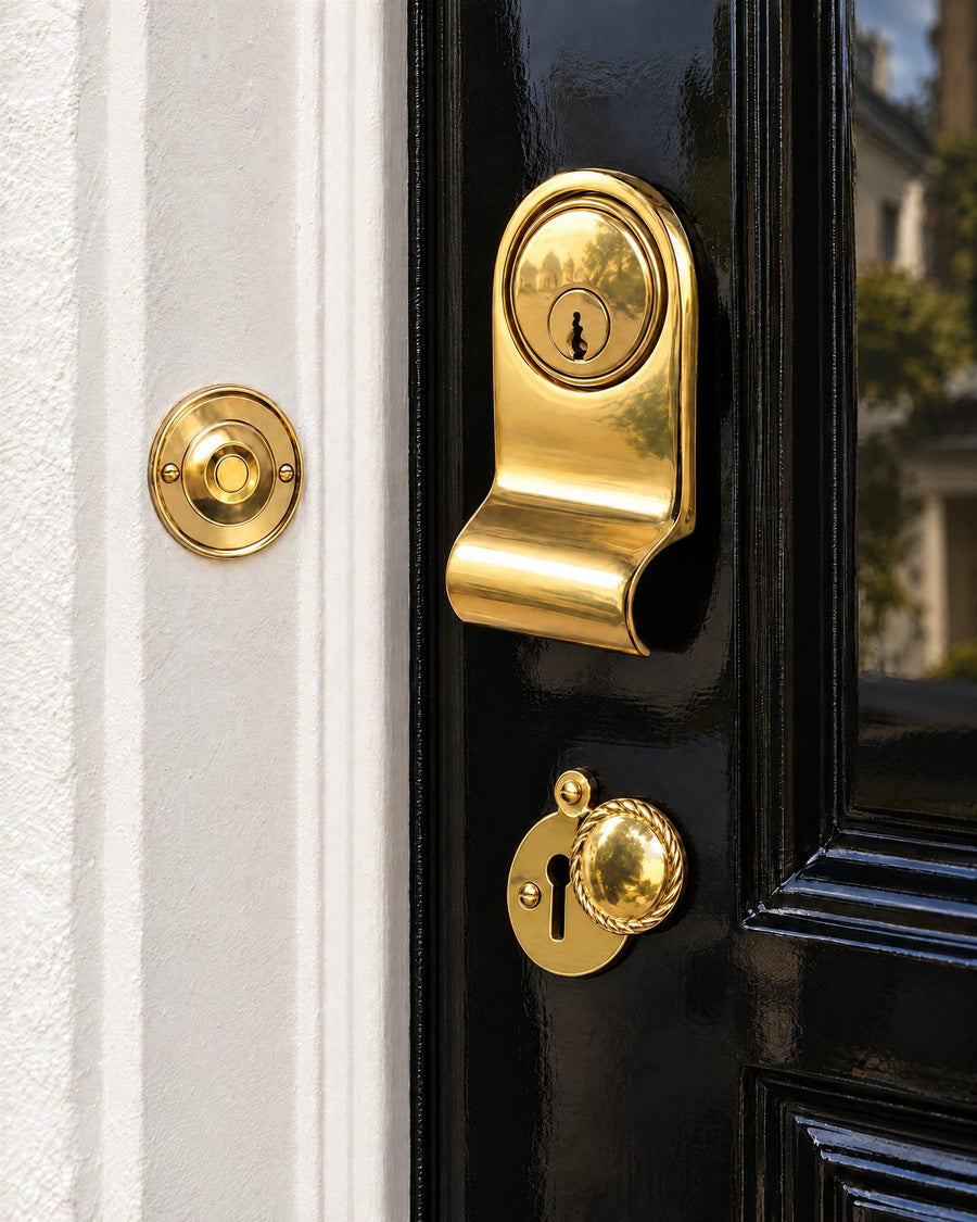 Polished brass cylinder pull framing a brass nightlatch cylinder, with a covered keyhole escutcheon below and a bell push on the white door surround