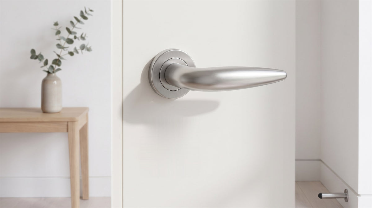 Satin chrome teardrop lever on a slim round rose on a full-height flush white door