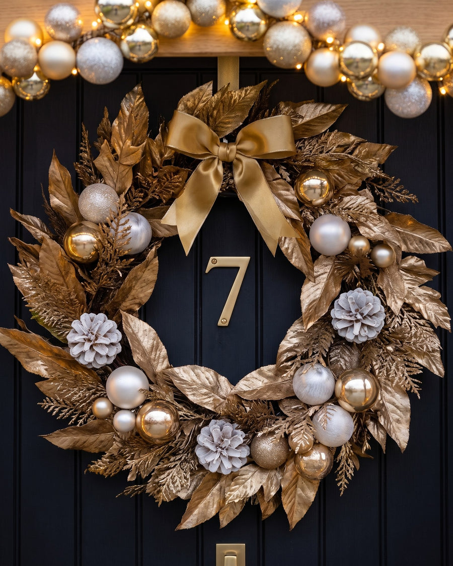 Satin brass number 7 framed by a wreath of gilded leaves, white-washed pine cones and gold and champagne baubles on a black boarded door
