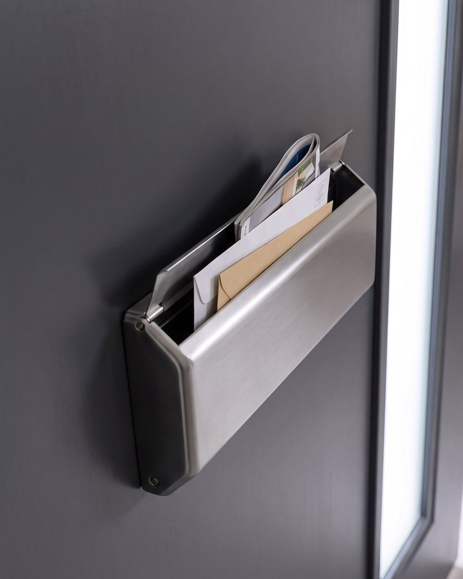 Graphite internal shield letter plate on the inside of an anthracite composite door, holding the morning post beside the frosted glass strip