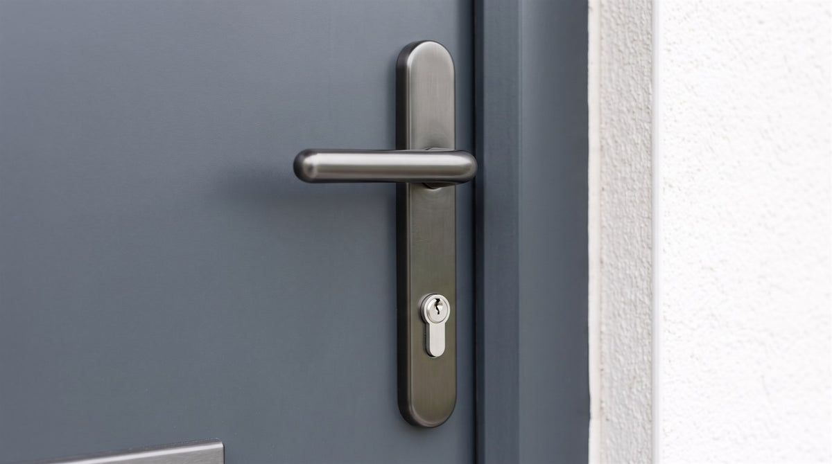 Hardex graphite Windsor lever handle on a long rounded backplate with a euro cylinder, fitted to an anthracite grey composite front door