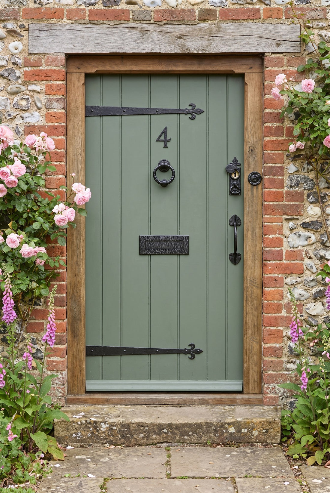 Grey-green boarded cottage front door with black iron strap hinges, ring knocker, letter plate, rim cylinder cover, pull handle, house number and bell push, framed by roses and foxgloves
