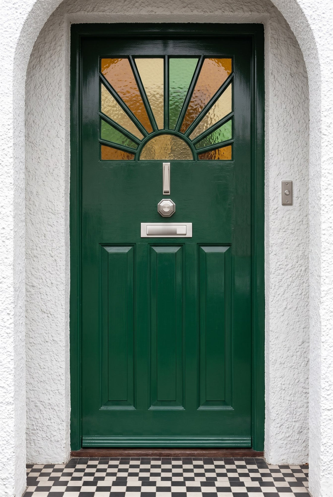 Green gloss 1930s sunburst front door with a satin nickel slim knocker, octagonal centre knob, letter plate and a stepped bell push beside it