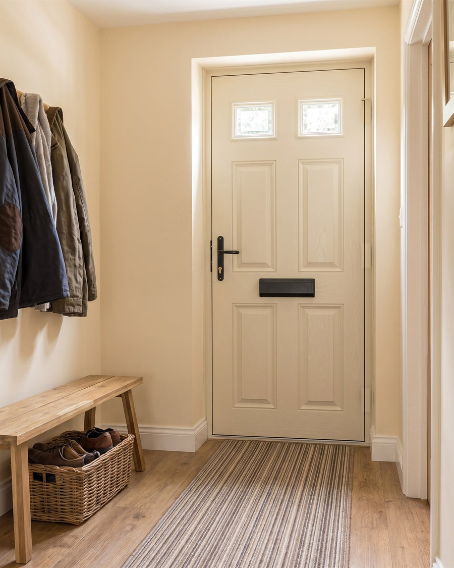 Hallway inside a cream composite front door with an antique black lever and internal letter shield, a striped runner, coat pegs and a bench