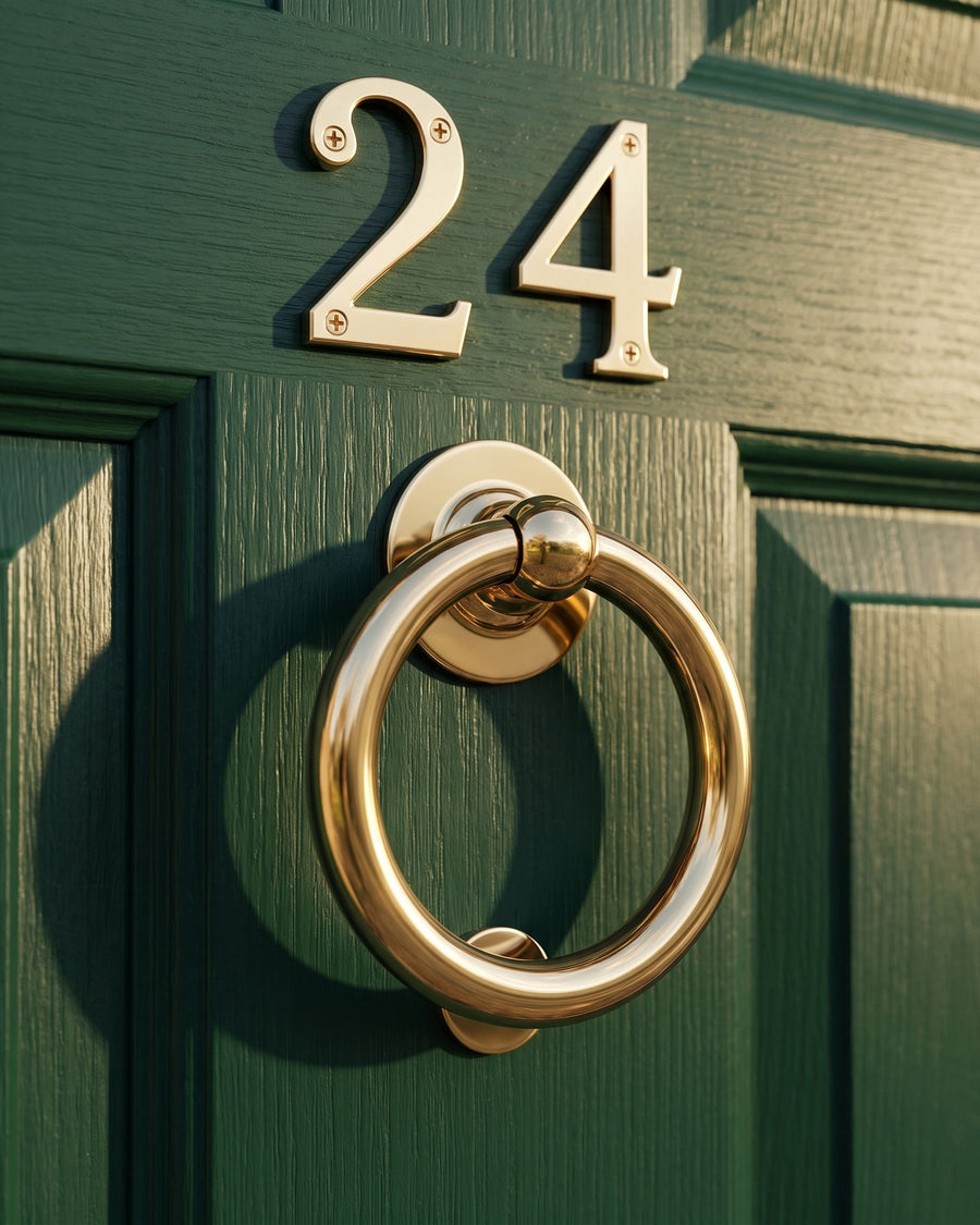 Hardex gold bull-ring knocker below gold house numbers on a woodgrain green composite door