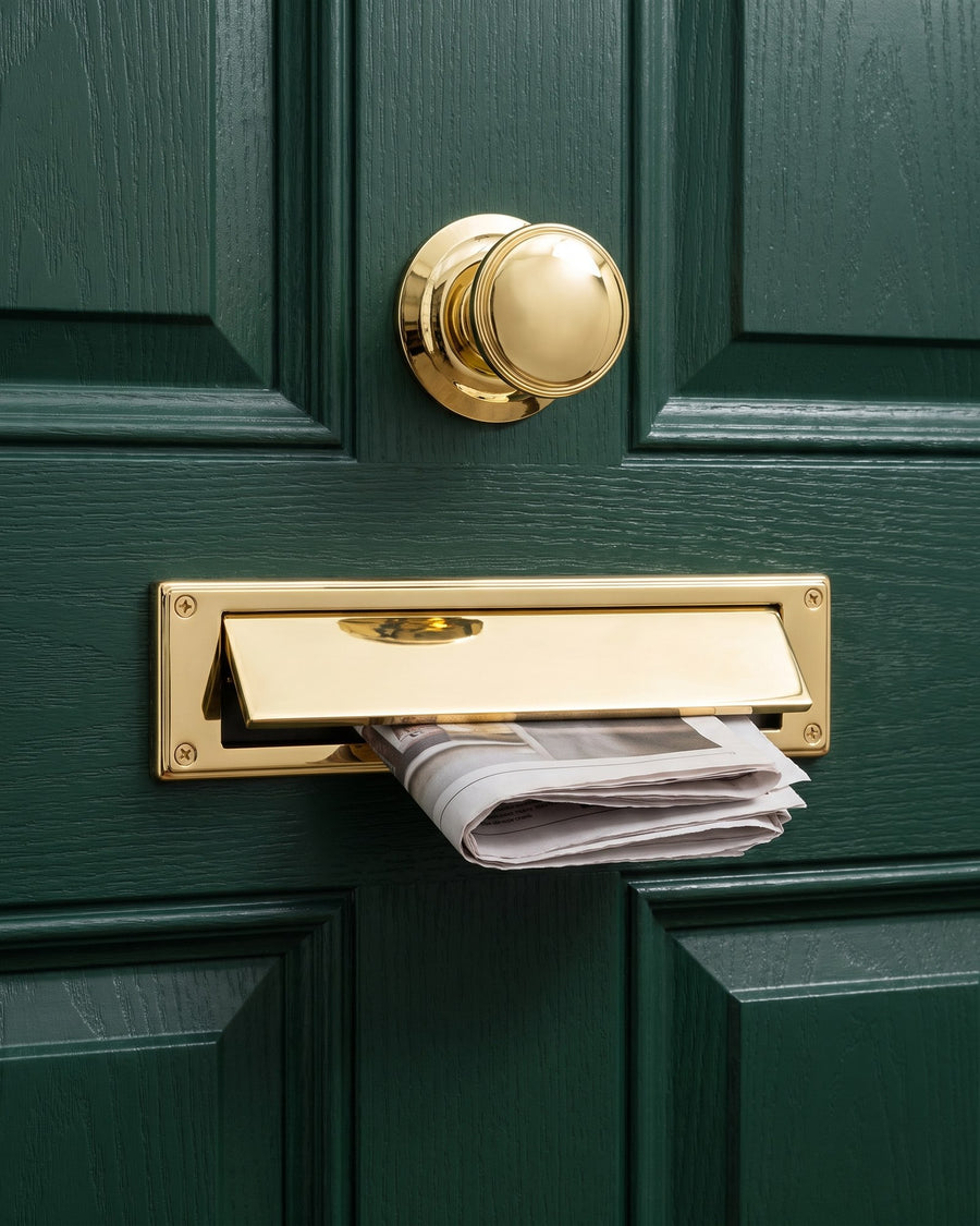 Hardex gold telescopic letter plate with a newspaper being delivered, below a gold centre knob on a green composite door