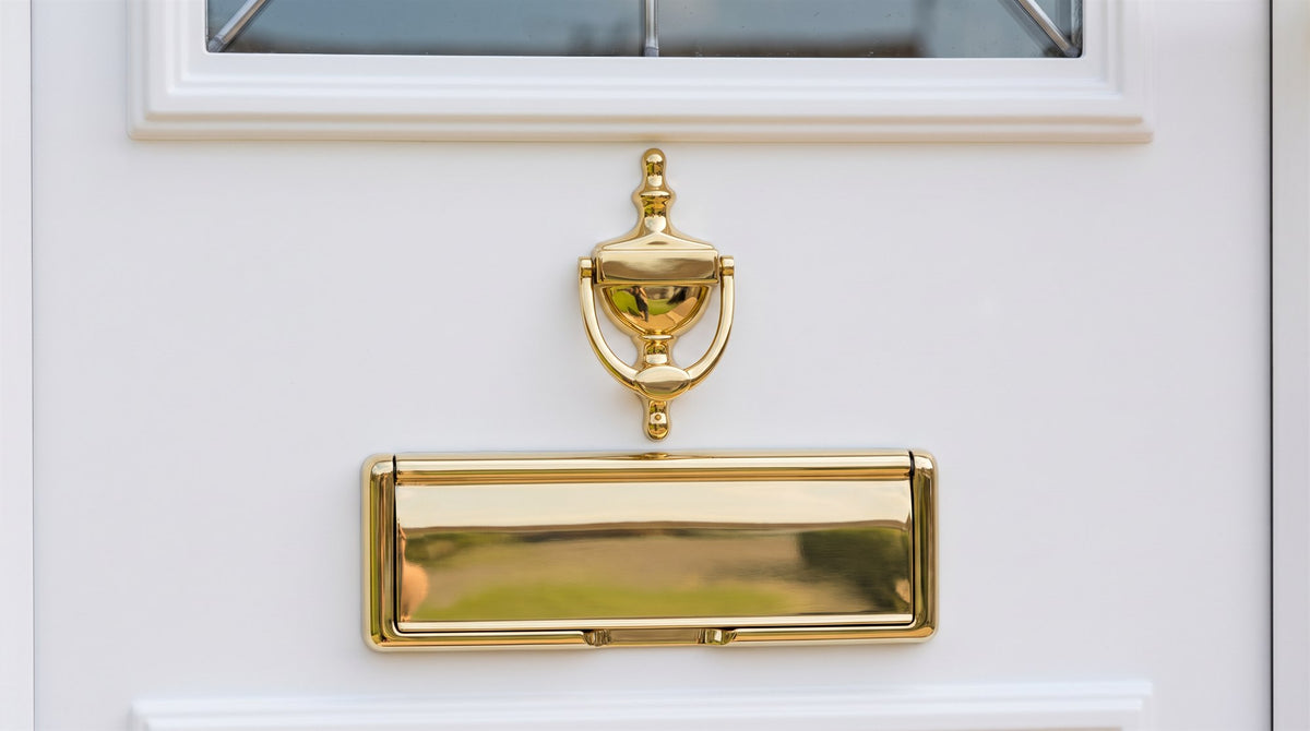 Hardex gold Victorian urn knocker above a gold Nu Mail shield letter plate on a white uPVC front door