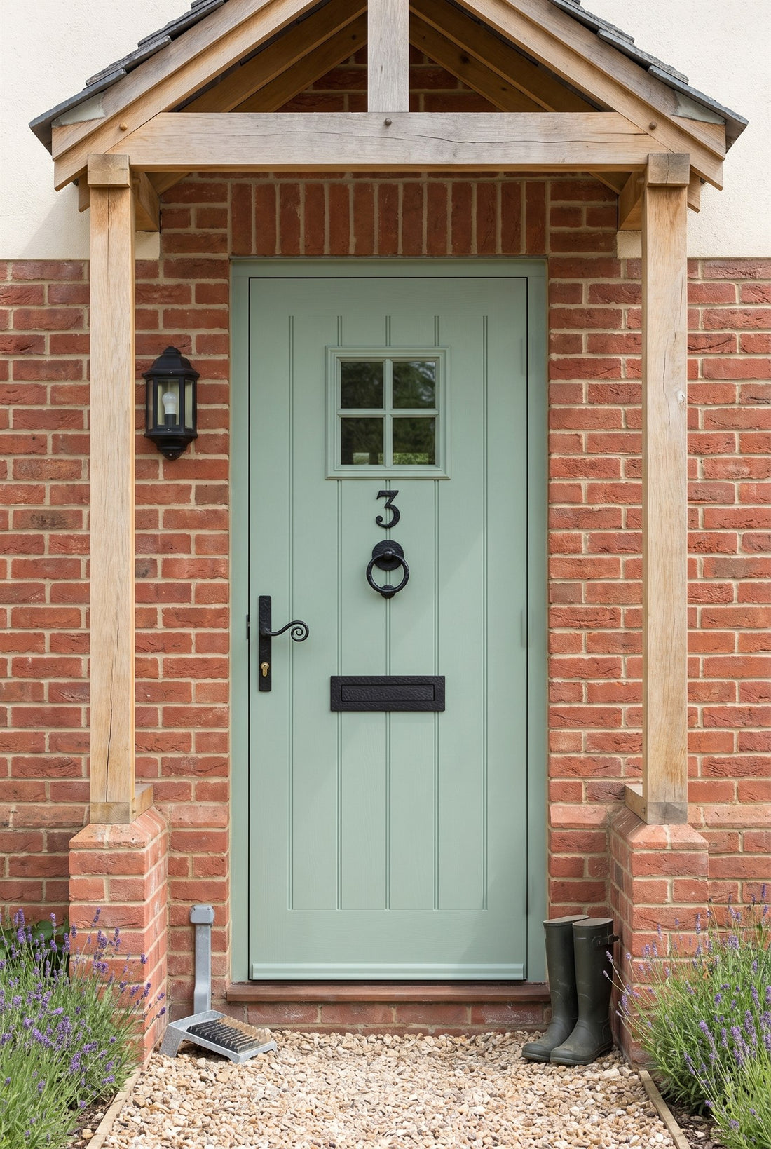 Heritage green boarded composite front door with a small four-pane window under an oak porch, fitted with a black number 3, forged black bull ring knocker, architectural letter plate and monkey tail lever