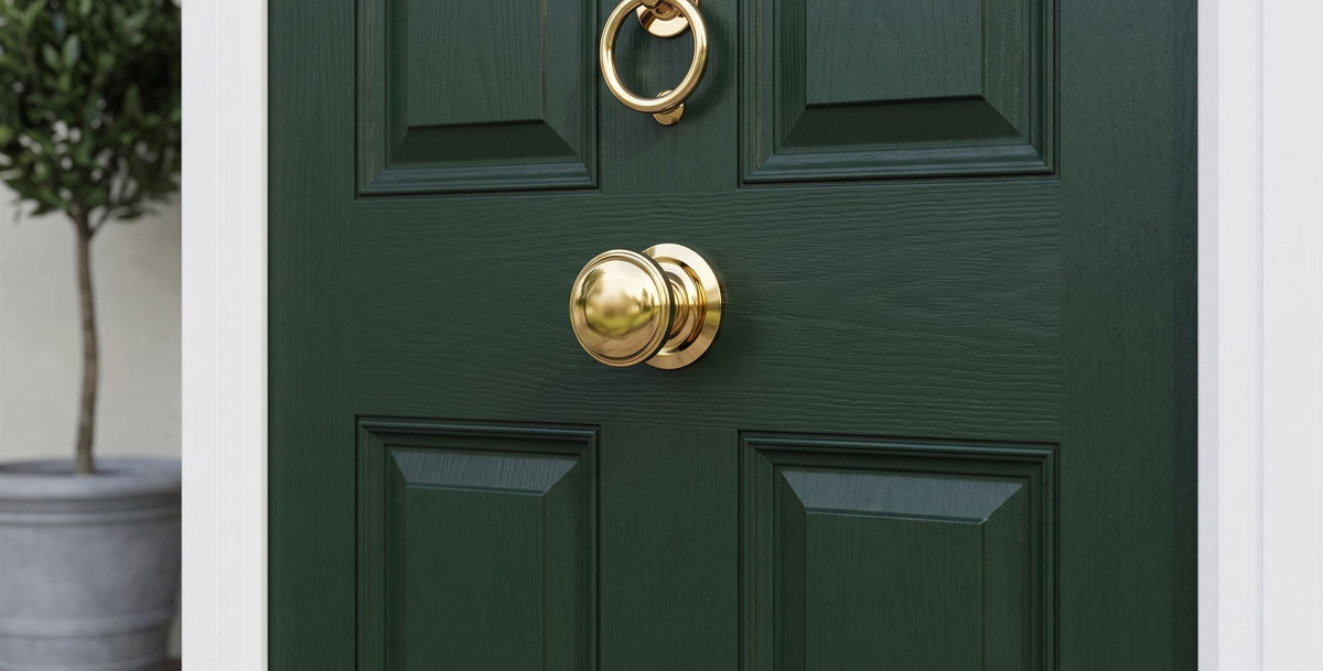 Heritage green composite front door with a Hardex gold centre door knob and bull-ring knocker