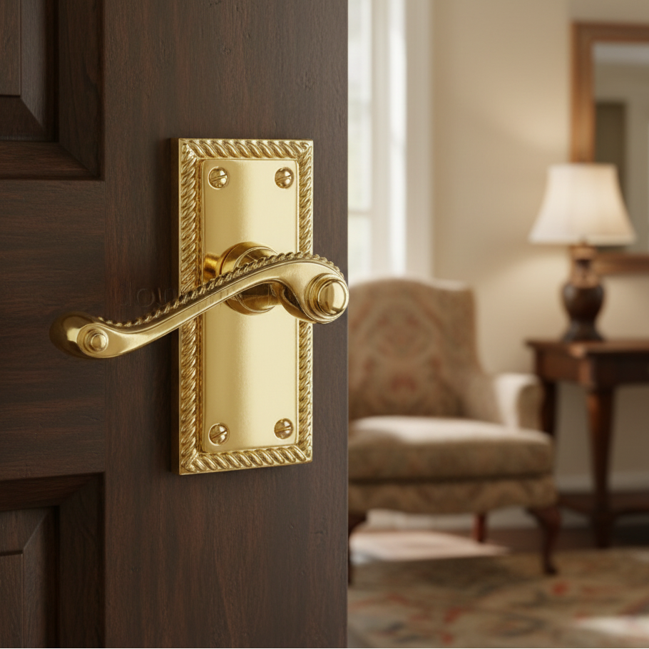 Georgian Polished Brass Rope Edge Short Plate Latch Door Handles