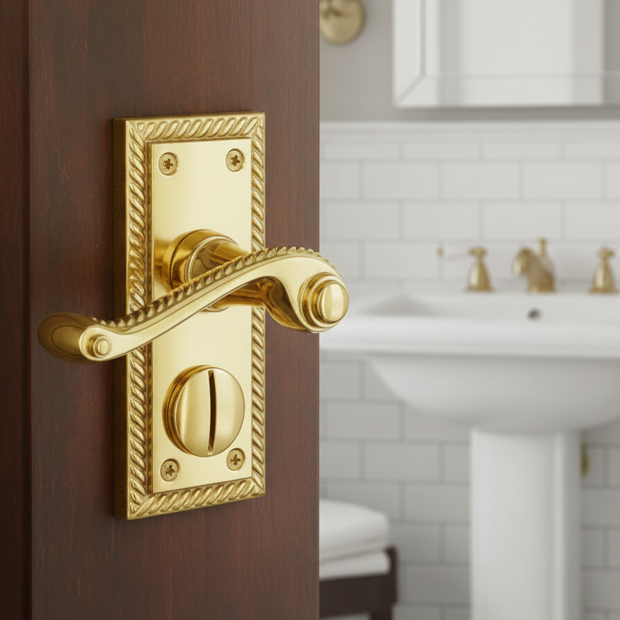 Georgian Polished Brass Rope Edge Privacy Lock Door Handles