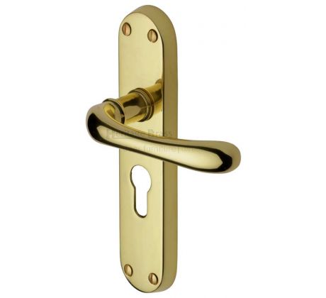 Luna Shaped Lever Polished Brass 48mm Euro Cylinder Door Handles