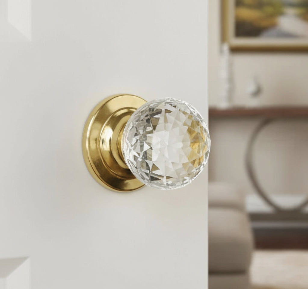 Glass Cut Cupboard Knob Polished Brass Rose