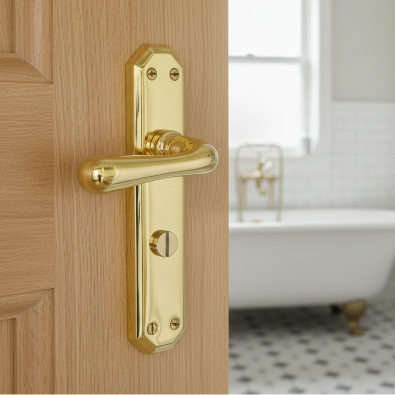 Charlbury Contoured Lever Polished Brass Bathroom Lock Door Handles