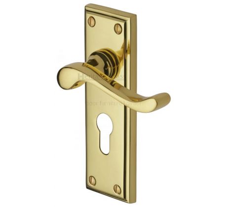 Edwardian Scroll Lever Polished Brass 48mm Euro Cylinder Door Handles