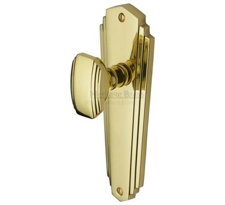 Charlston Art Deco Style Polished Brass Door Knob on Latch Plate Set