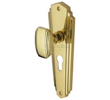 Charlston Art Deco Style Pol Brass 48mm Euro Cylinder Door Knob Set