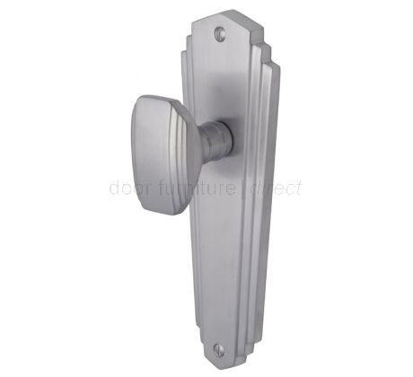 Charlston Art Deco Style Satin Chrome Door Knob on Latch Plate Set