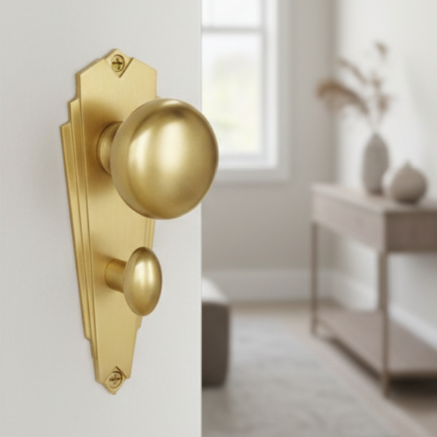Heritage BR1830 Satin Brass Broadway Knob on Bathroom Plate