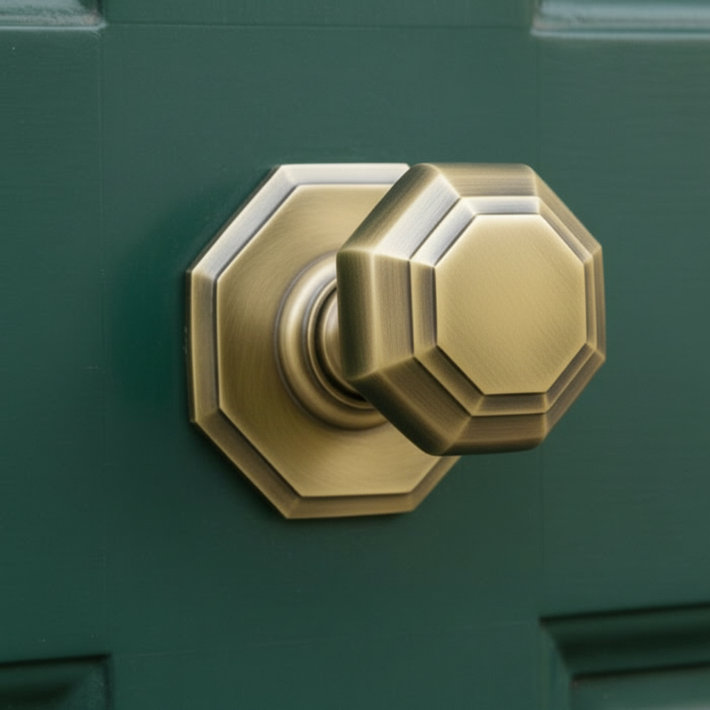 Antique brass octagonal door knob showing the richer detailing used in period-style hardware