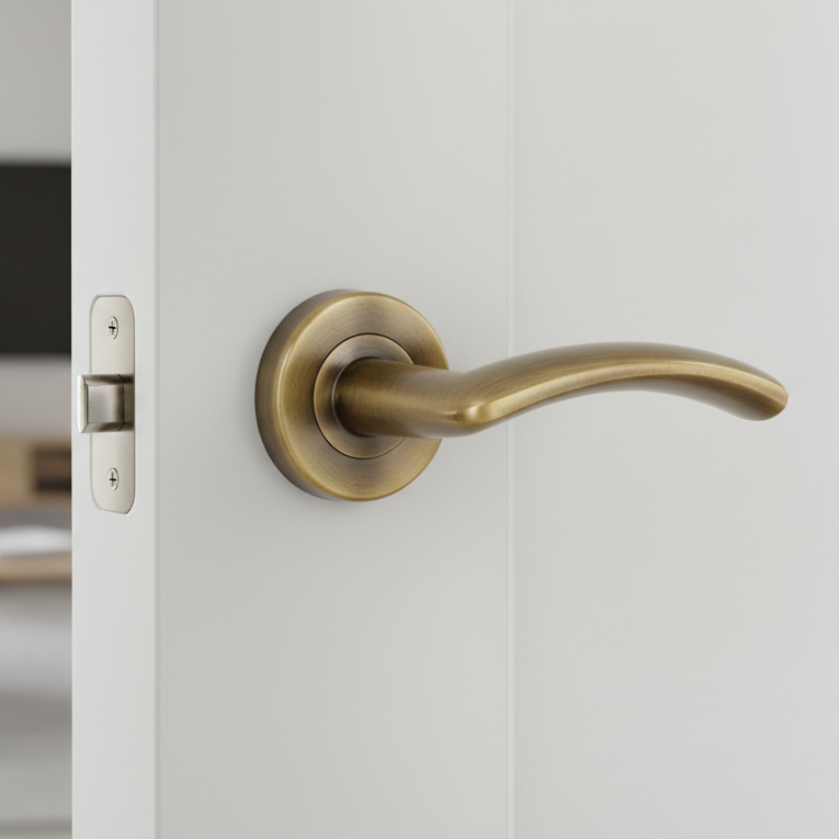 Antique brass Centaur curved lever on a round rose, on a white door with the latch showing in the door edge