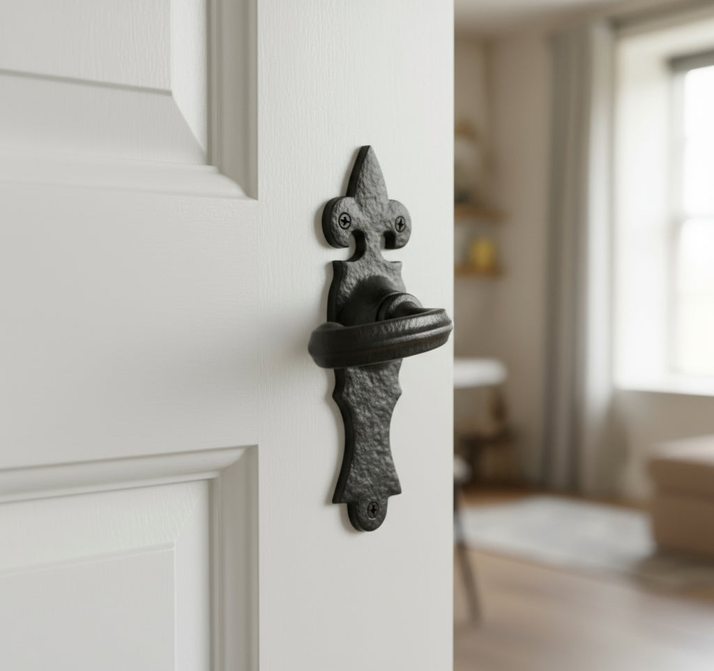 Tudor Wroxeter Black Antique Iron Curved Lever Latch Door Handles