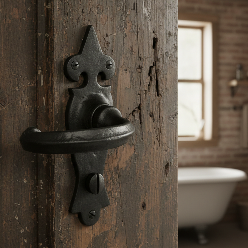 Tudor Wroxeter Black Antique Iron Curved Lever Bathroom Door Handles