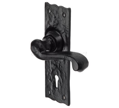 Tudor Shropshire Black Antique Iron Scroll Lever Keyhole Door Handles