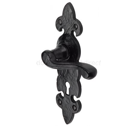 Tudor Fleur de Lys Black Iron Scroll Lever Keyhole Door Handles