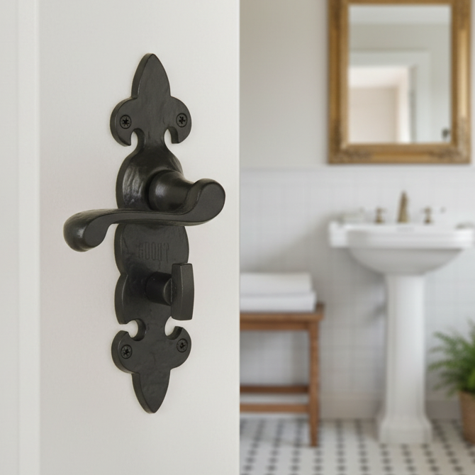 Tudor Fleur de Lys Black Antique Iron Scroll Lever Bathroom Handles