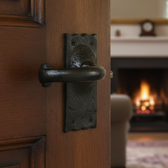 Tudor Colonial Black Iron Curved Lever Short Latch Door Handles