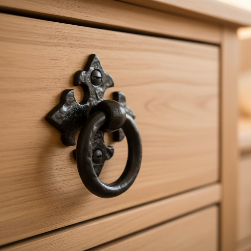 Black Antique Iron Tudor Ring Handle Cupboard Pull 60mm