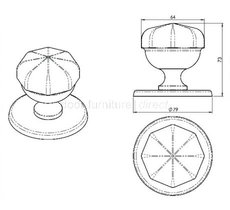 Octagonal Centre Door Knob PVD Brass 64mm