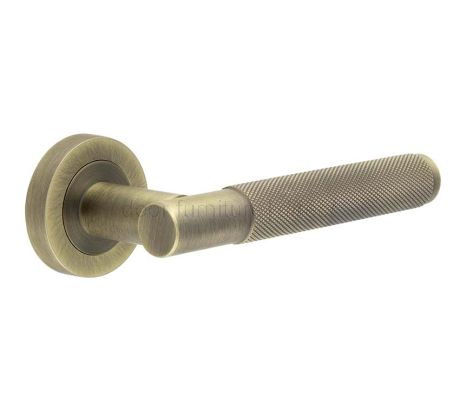 Bari Knurled Lever on Rose Antique Brass Door Handles
