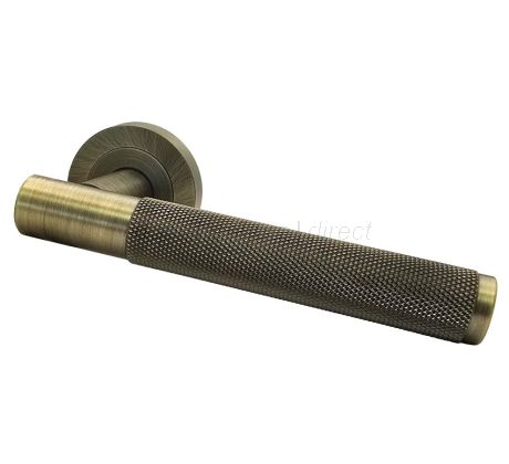 Bari Knurled Lever on Rose Antique Brass Door Handles