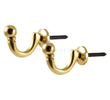 Ball End Tie Back Hook Polished Brass in Pack of Two