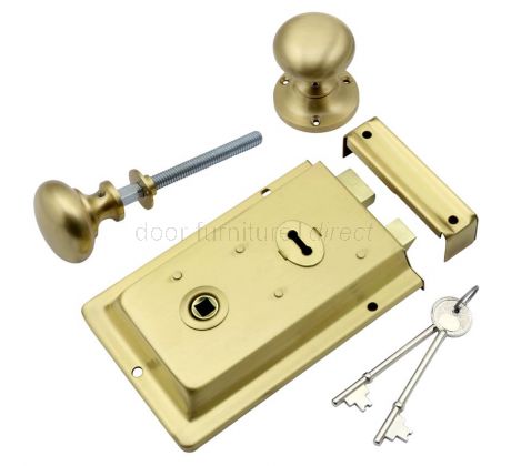 Satin Brass Rim Lock and Mushroom Rim Knob Set