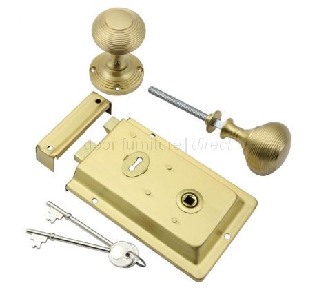 Satin Brass Rim Lock and Reeded Rim Knob Set