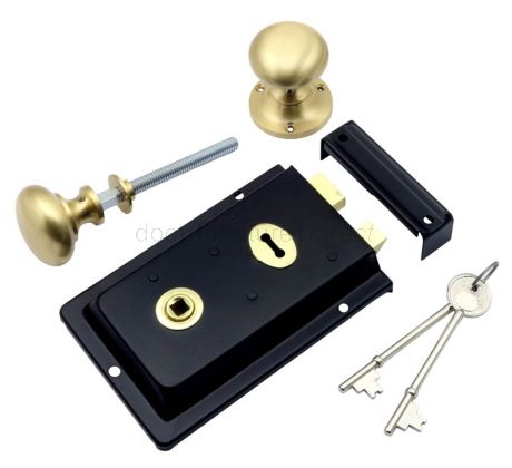 Black Rim Lock with Satin Brass Mushroom Rim Knobs Set